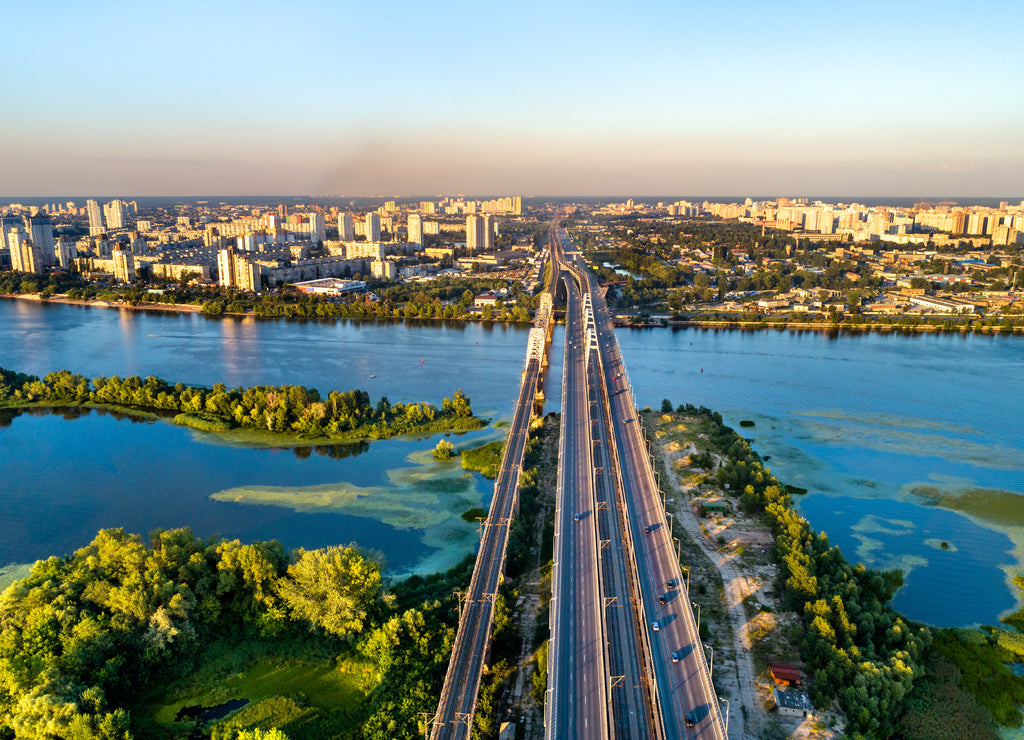 Aerial view of the Darnytsia arch bridges across the Dnieper in Kiev, Ukraine