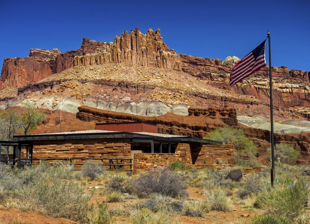 Capitol Reef National Park Visitor Center and Red Rock Landscape Panorama Utah United States of America