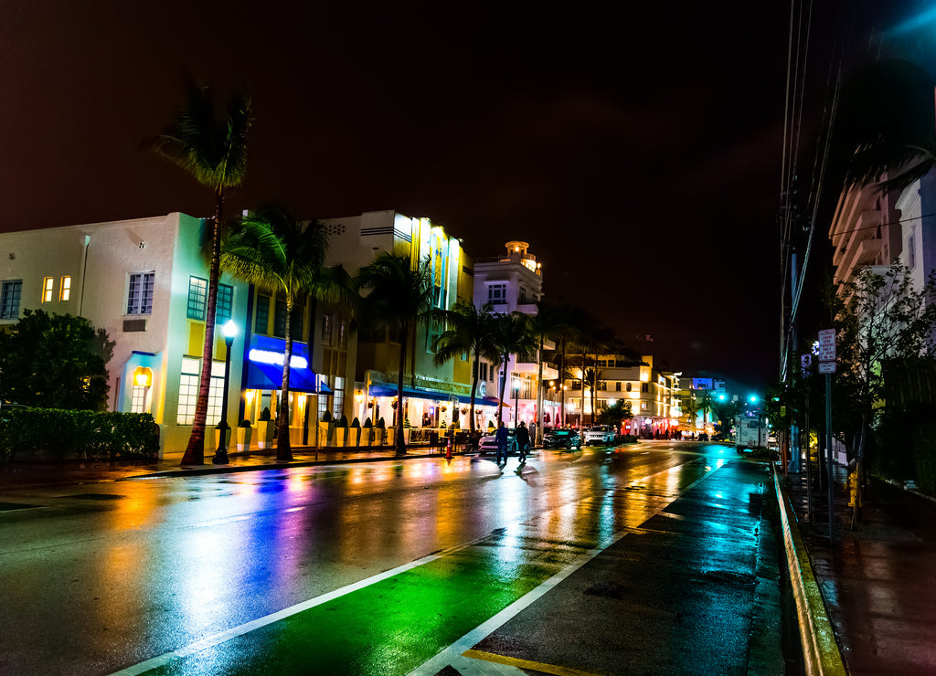 Neon lights on world famous Ocean Drive in Miami Beach at night