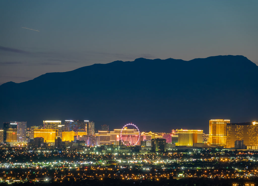 Aerial night high angle view of the downtown Las Vegas Strip