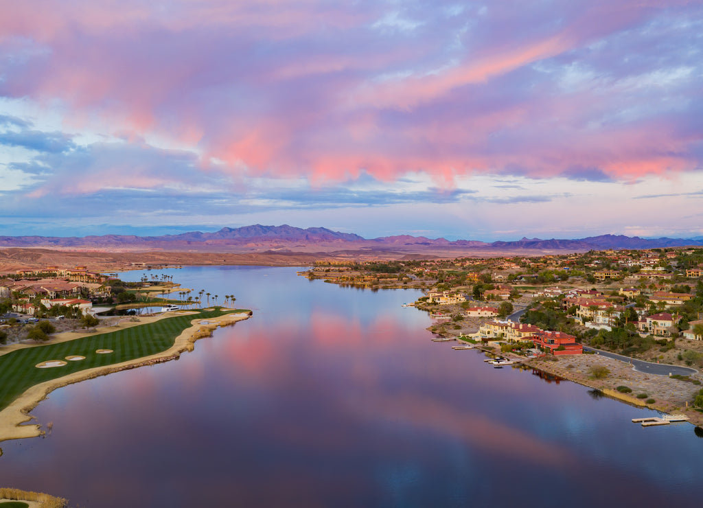 Sunset aerial view of the beautiful Lake Las Vegas area