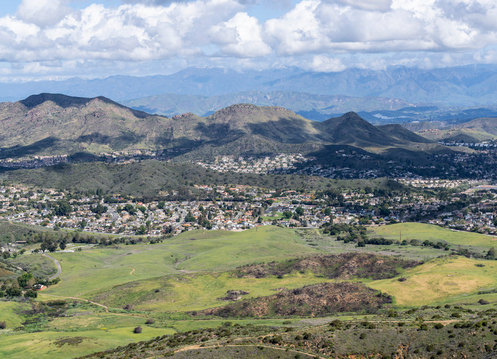 Mountaintop view of nature park meadows and suburban homes in scenic Newbury Park near Los Angeles, California
