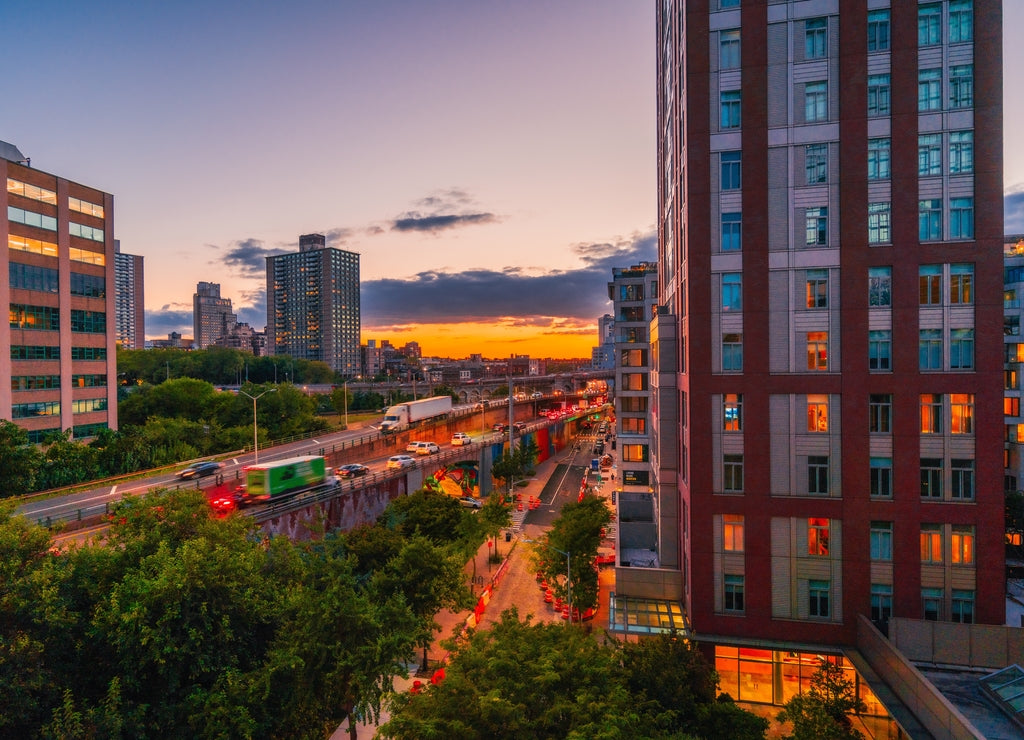 sunset in the city Brooklyn New York usa building traffic