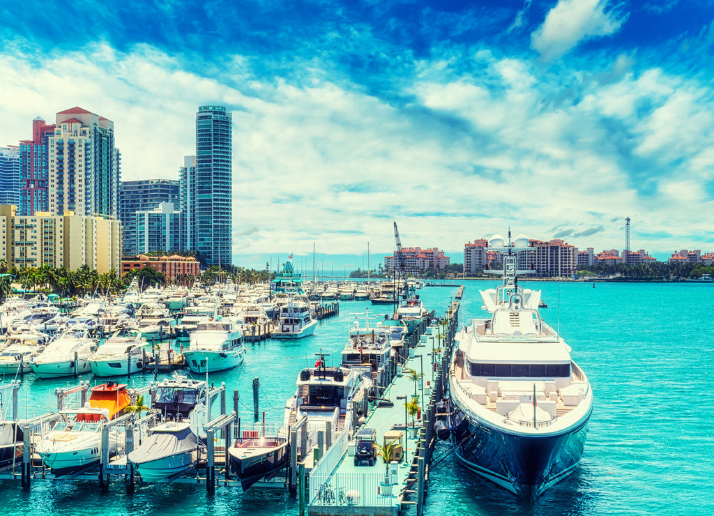 Miami marina full of recreational yachts, Florida, USA
