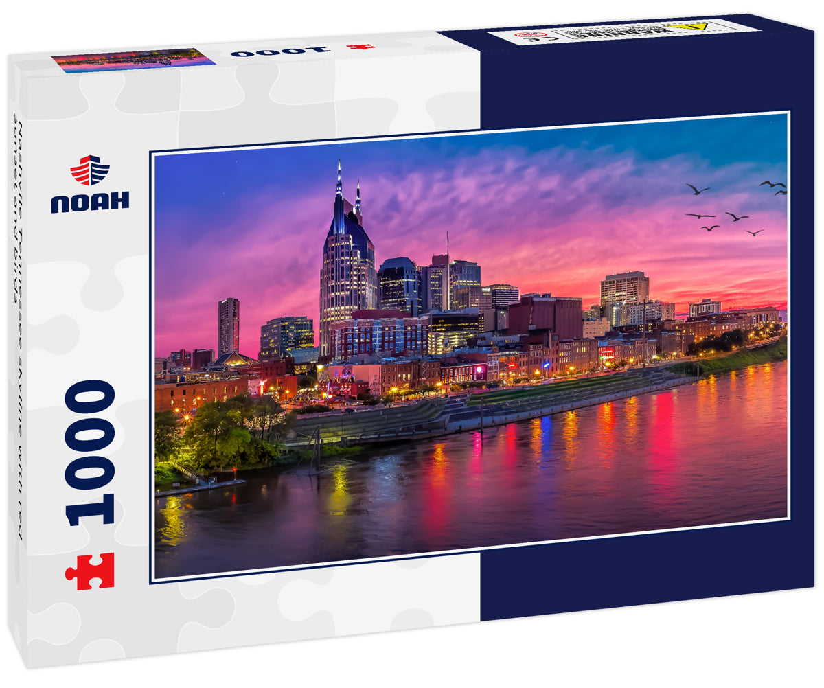 Nashvile Tennessee skyline with red sunset and birds