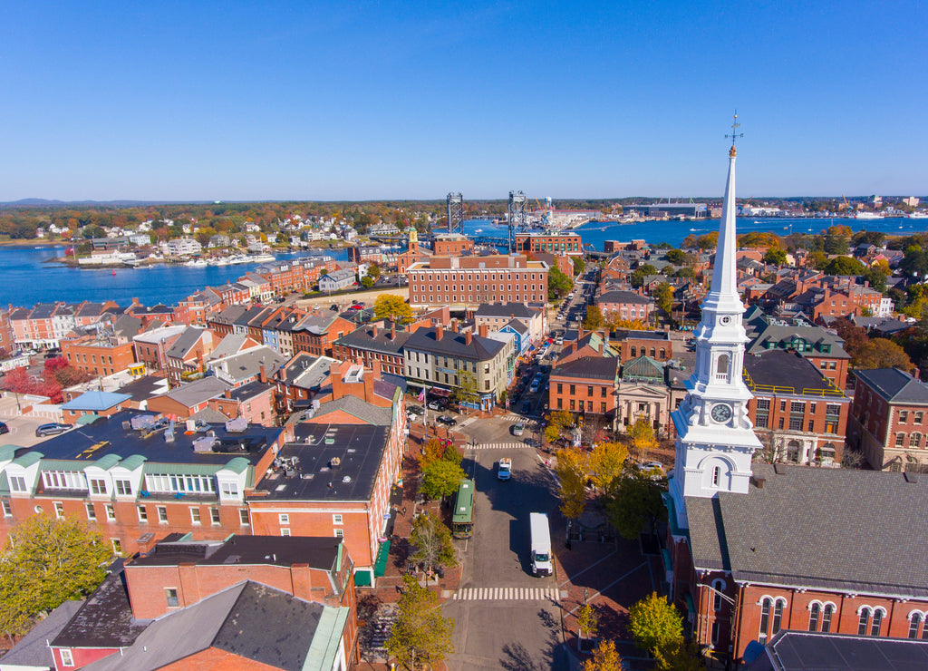 Portsmouth historic downtown aerial view at Market Square with historic buildings and North Church on Congress Street in city of Portsmouth, New Hampshire NH