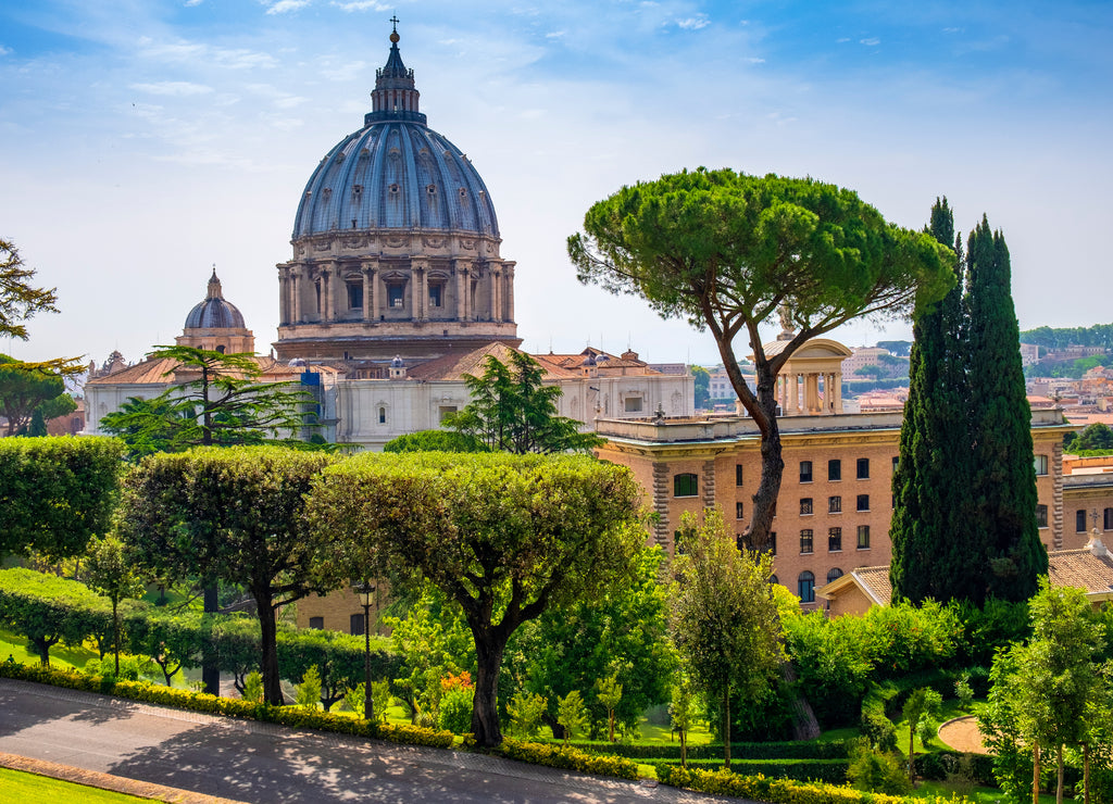 Rome, Vatican City, Italy - Panoramic view of St. Peter’s Basilica - Basilica di San Pietro in Vaticano - main dome by Michelangelo Buonarotti seen from the Vatican Gardens in the Vatican City State