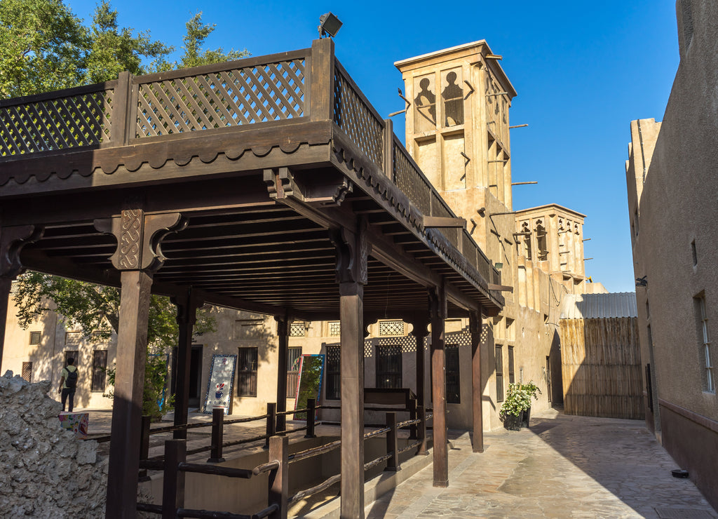 Bastakiya historical district in Dubai, with arabian buildings and architecture, United Arab Emirates