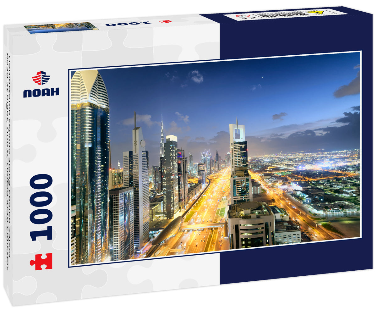 Downrtown skyline along Sheikh Zayed Road at night, Dubai, United Arab Emirates