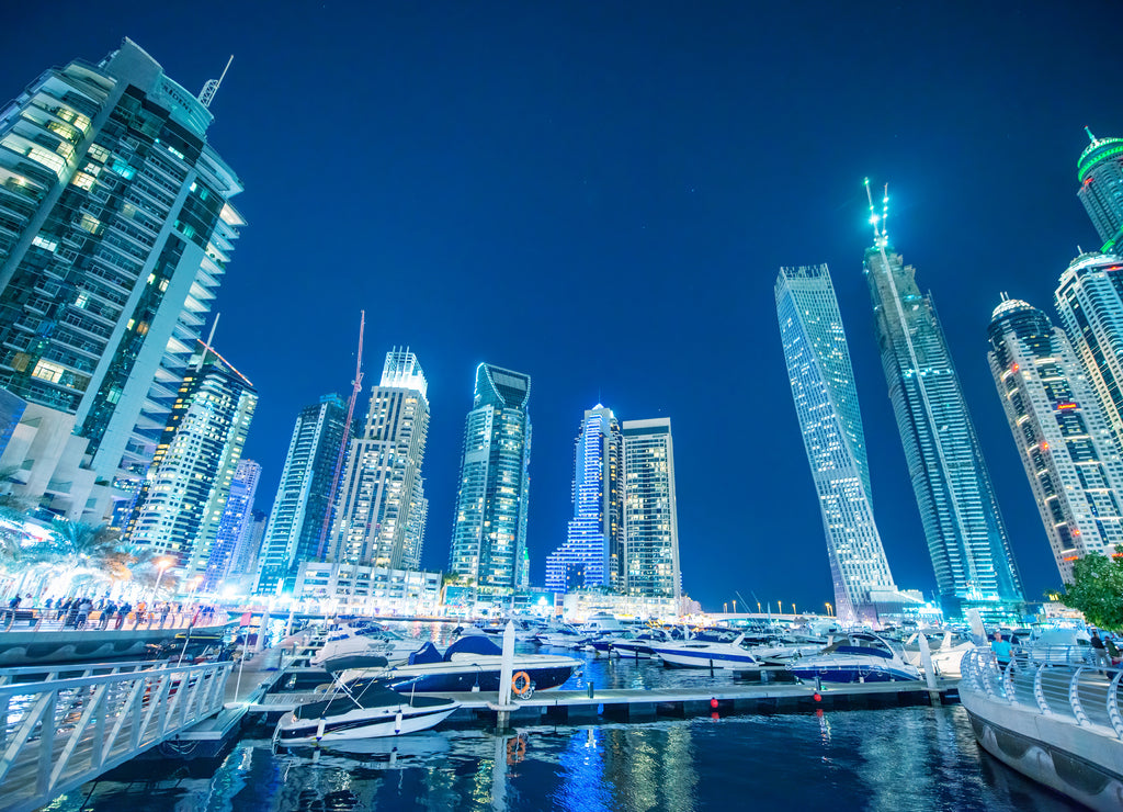 Dubai Marina night skyline. Buildings and river, United Arab Emirates