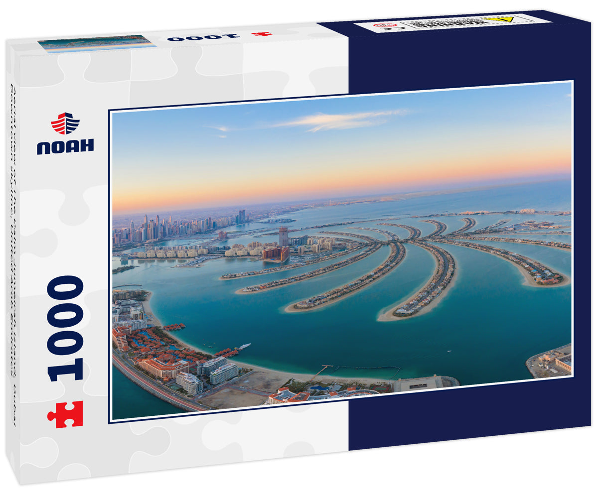Aerial view of The Palm Jumeirah Island, Dubai Downtown skyline, United Arab Emirates