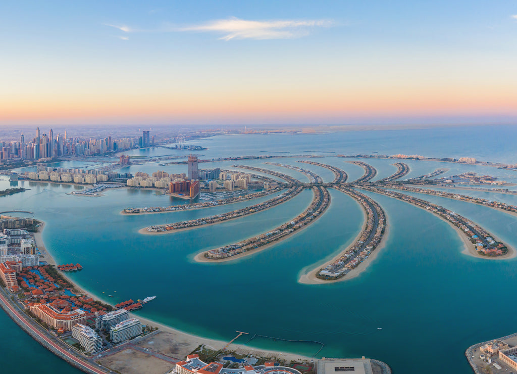 Aerial view of The Palm Jumeirah Island, Dubai Downtown skyline, United Arab Emirates