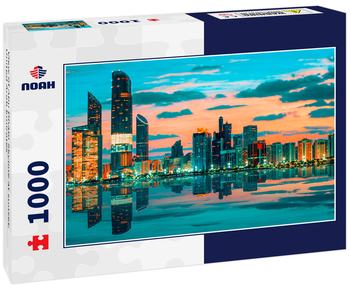 View of Abu Dhabi Skyline at sunset, United Arab Emirates