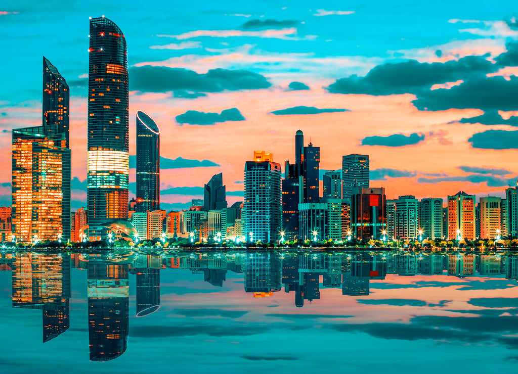 View of Abu Dhabi Skyline at sunset, United Arab Emirates