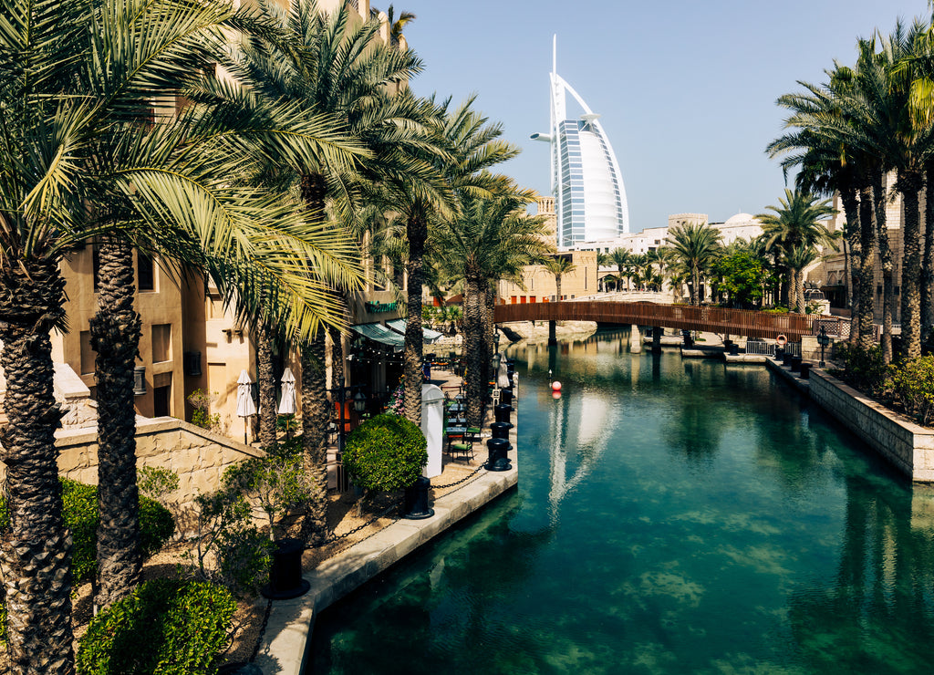 Burj Al Arab view from Madinat Jumeirah. Traditional Arab Style Architecture. United Arab Emirates