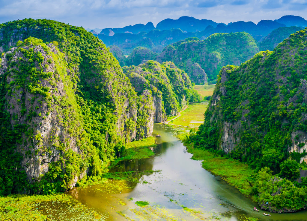 Amazing view of Tam Coc with karst formations and rice paddy fields, Ninh Binh province, Vietnam