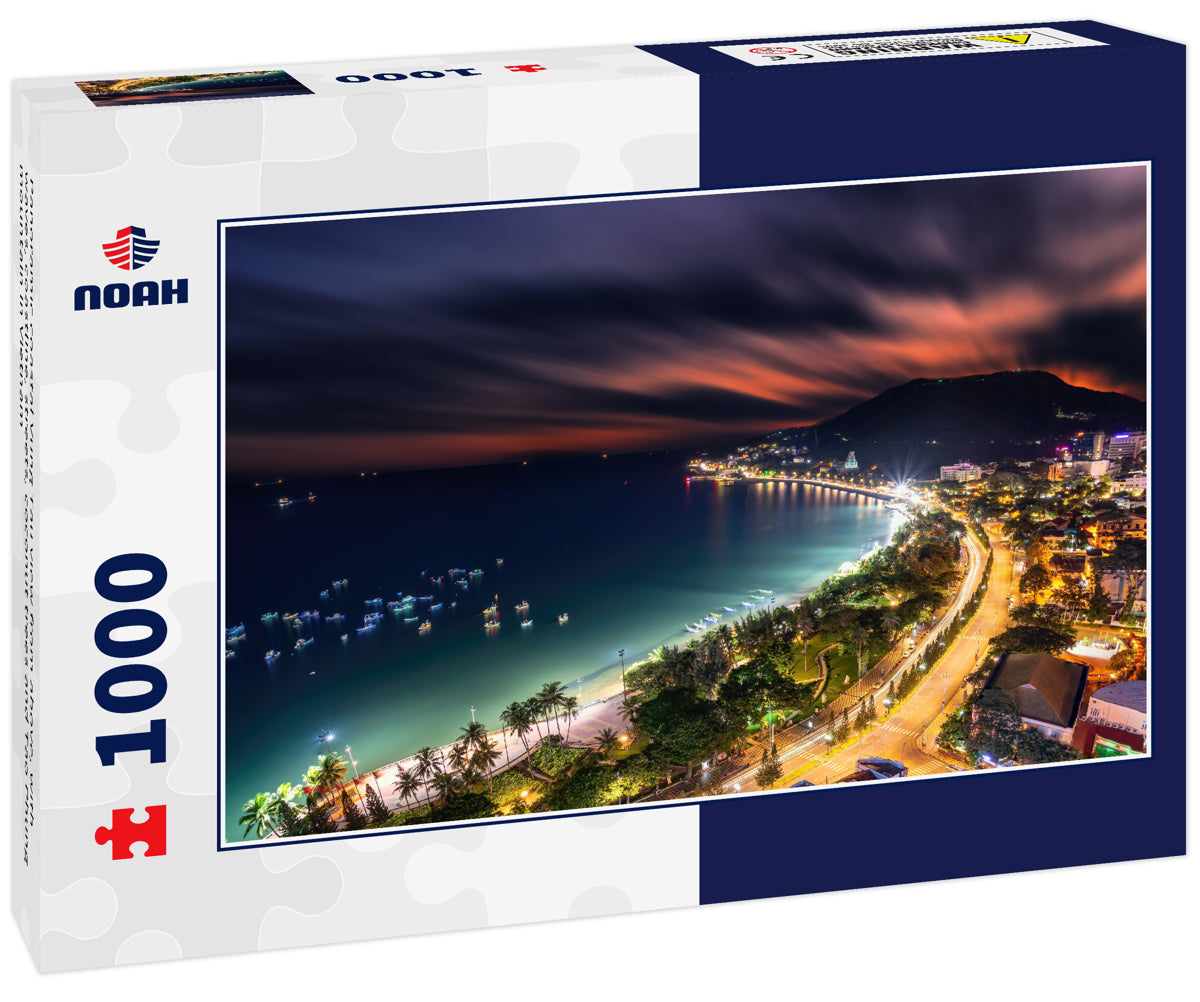 Panoramic coastal Vung Tau view from above, with waves, coastline, streets, coconut trees and Tao Phung mountain in Vietnam