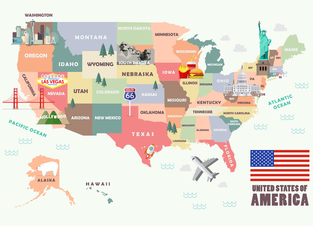 Map of the United States of America with Famous attractions
