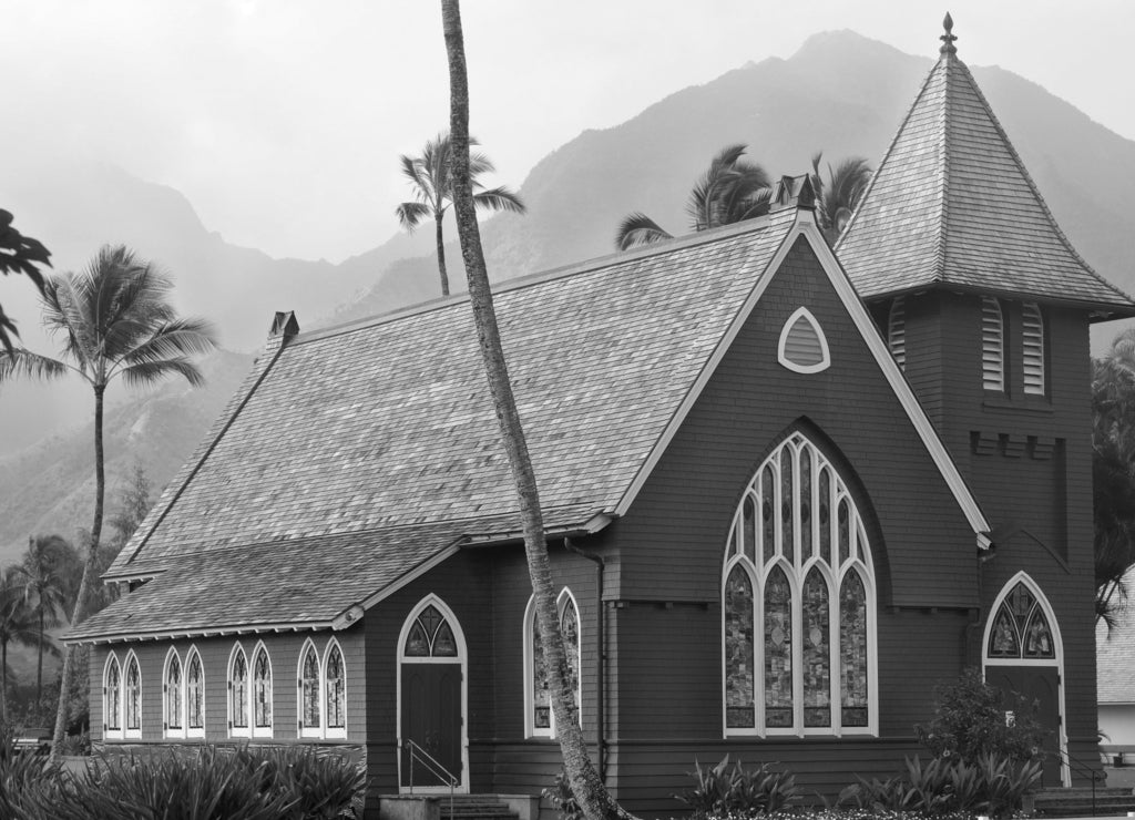 Picturesque green church in Hanalei, Kauai, Hawaii in black white