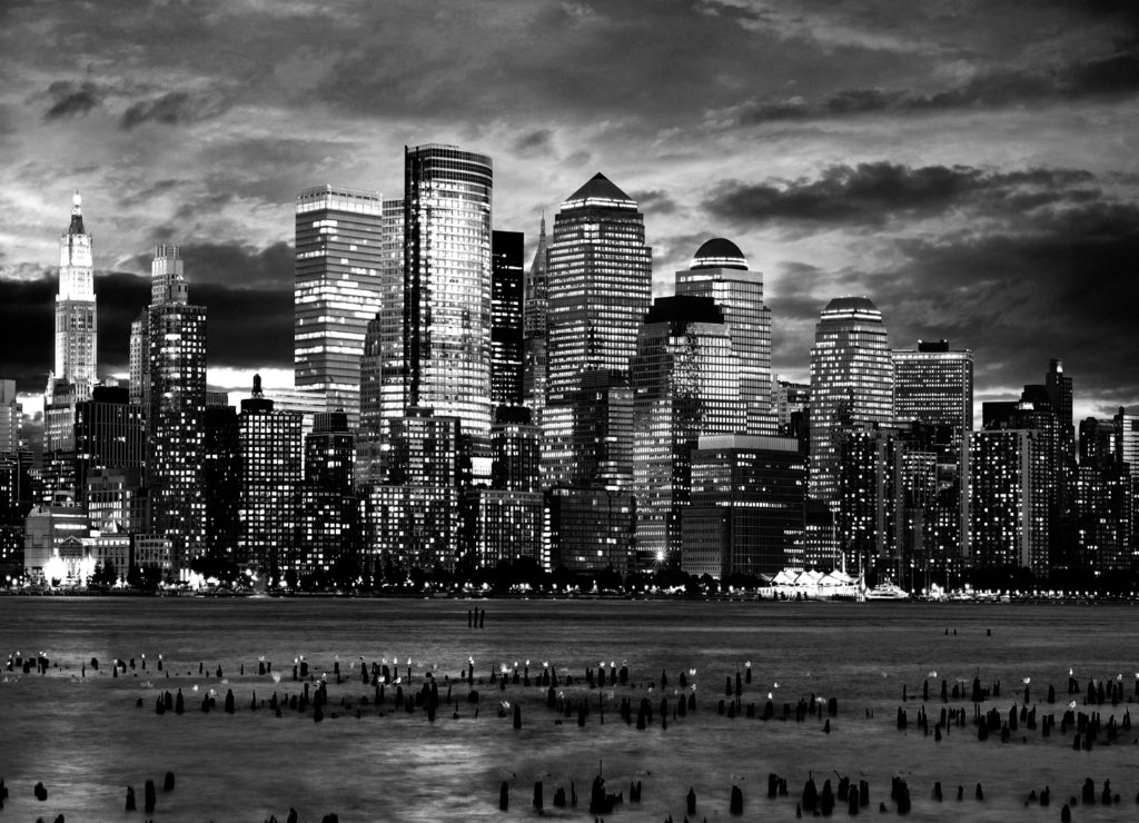 New York City Downtown from Jersey side in black white