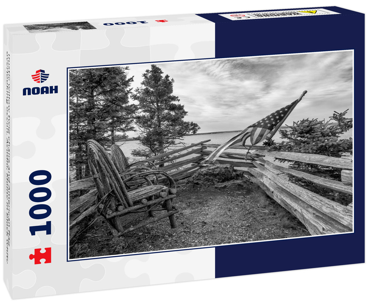 Rustic willow twig chairs and American flag overlooking ocean. Acadia, Maine in black white