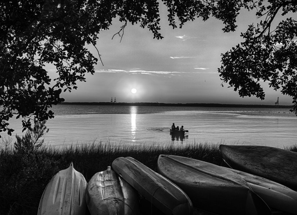 Sunset Canoe North Carolina in black white
