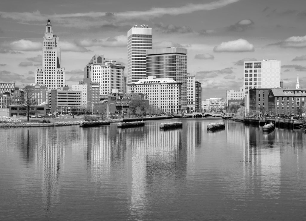 Providence, Rhode Island, USA city skyline on the river in black white