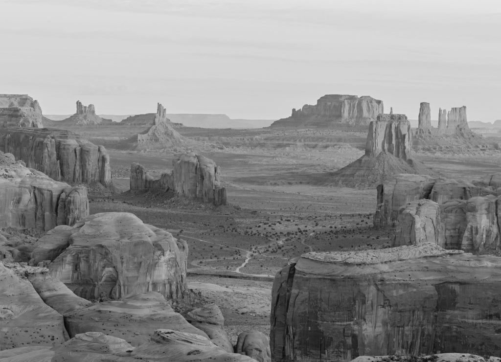 Sunrise in Hunts Mesa in Monument Valley, Arizona, USA in black white