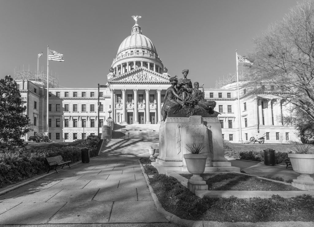 Mississippi State Capitol and Our Mothers Monument in Jackson, Mississippi in black white