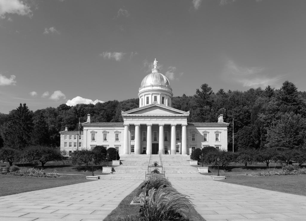 Vermont State House, Montpelier, Vermont, USA. Vermont State House is Greek Revival style built in 1859 in black white