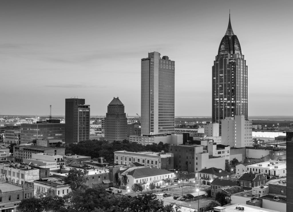 Mobile Alabama Skyline in black white