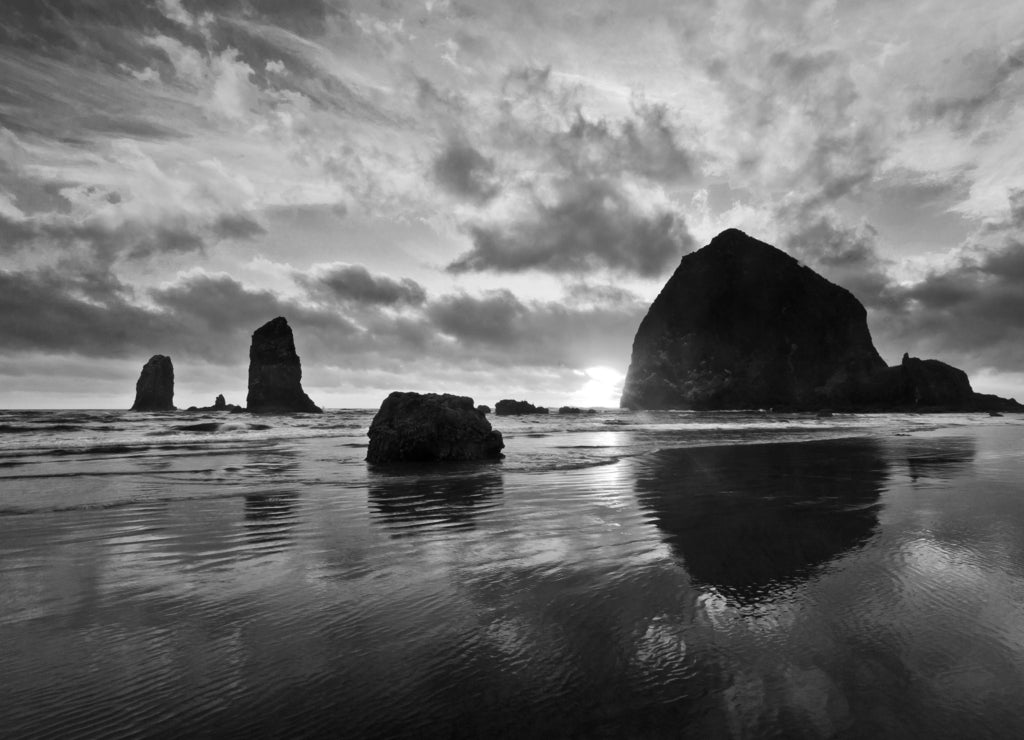 Sunset on Cannon Beach, Oregon in black white