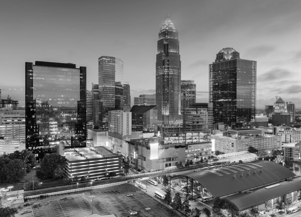 Charlotte, North Carolina Skyline in black white