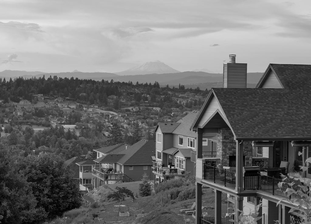Sunset View from Deck of Luxury Homes in black white