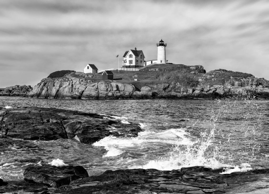 Nubble Lighthouse, Cape Neddick, York, Maine in black white