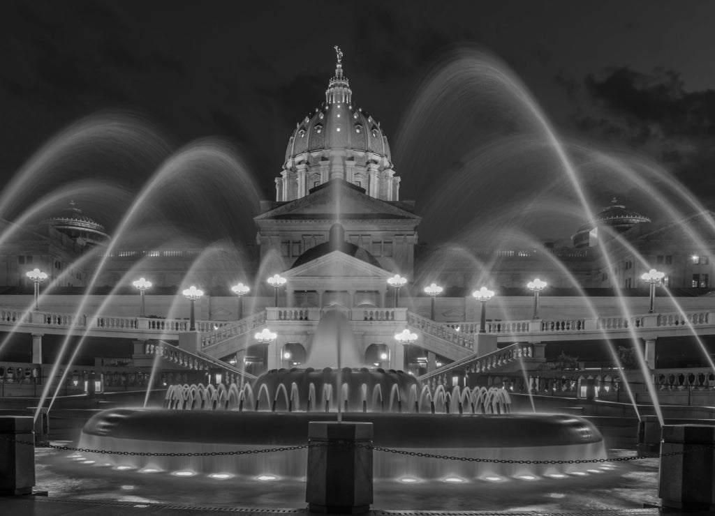 Pennsylvania capital building and fountain in black white