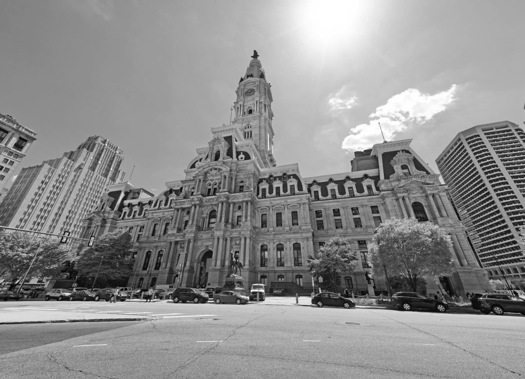 Philadelphia City Hall with William Penn figure atop Tower, Pennsylvania in black white
