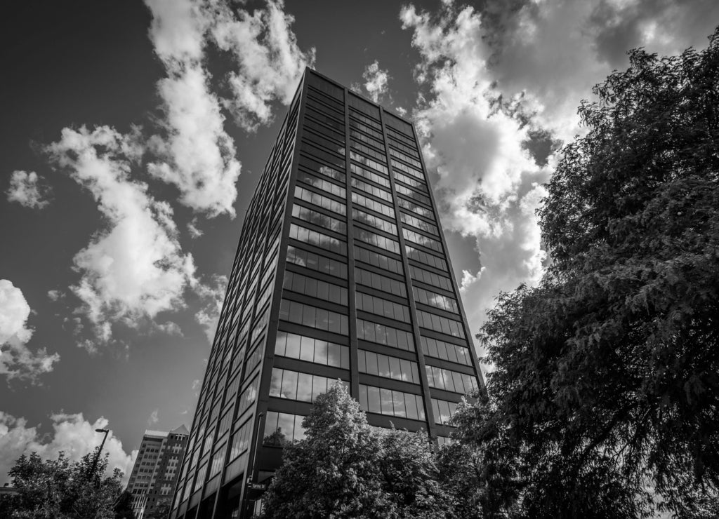Modern building in downtown Manchester, New Hampshire in black white