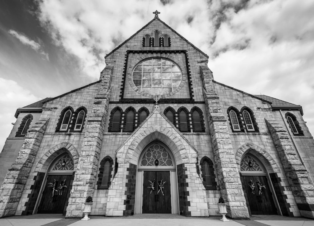 The Church of the Immaculate Conception, in Towson, Maryland in black white