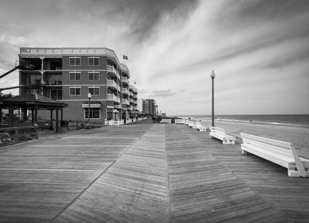 The boardwalk in Rehoboth Beach, Delaware in black white