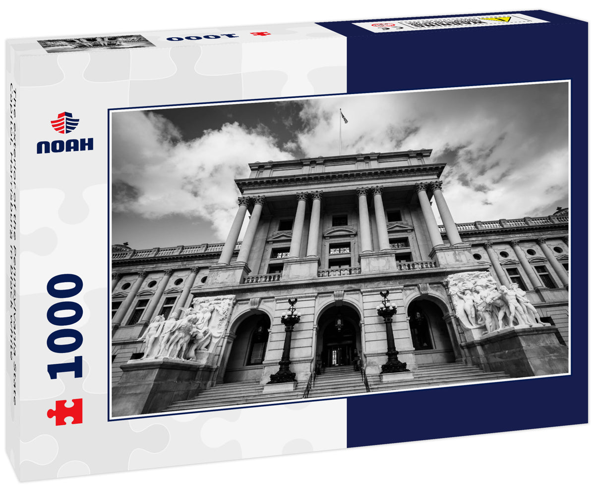 The exterior of the Pennsylvania State Capitol, Harrisburg in black white