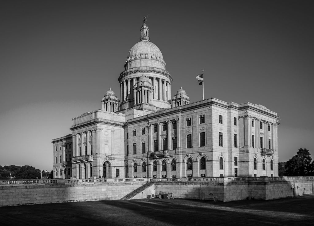 The exterior of the Rhode Island State House, in Providence, Rhode Island in black white