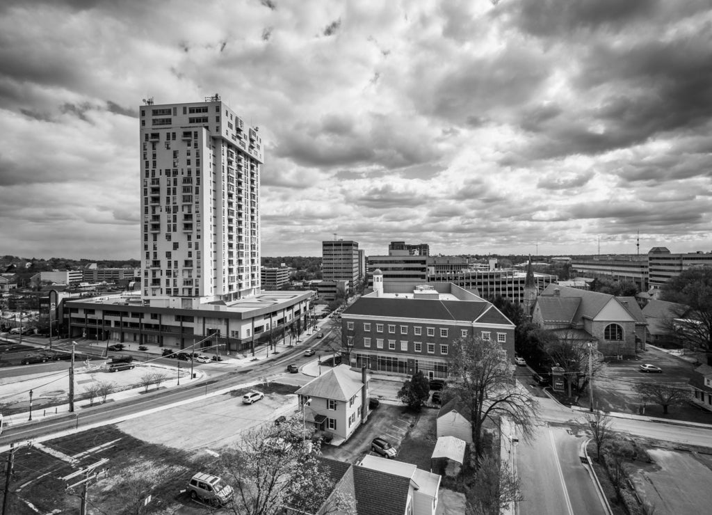 View of buildings in Towson, Maryland in black white
