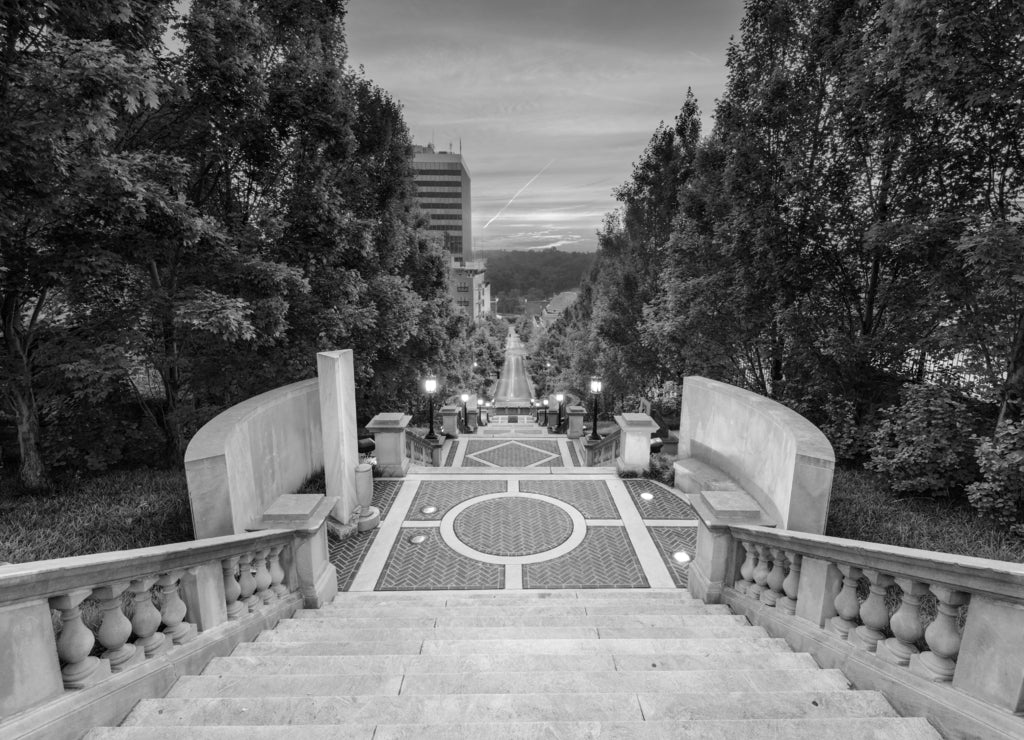 Lynchburg, Virginia, USA at Monument Terrace in black white