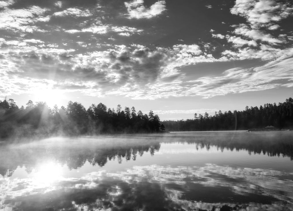 Sunrise Over Misty Lake in Payson Arizona in black white