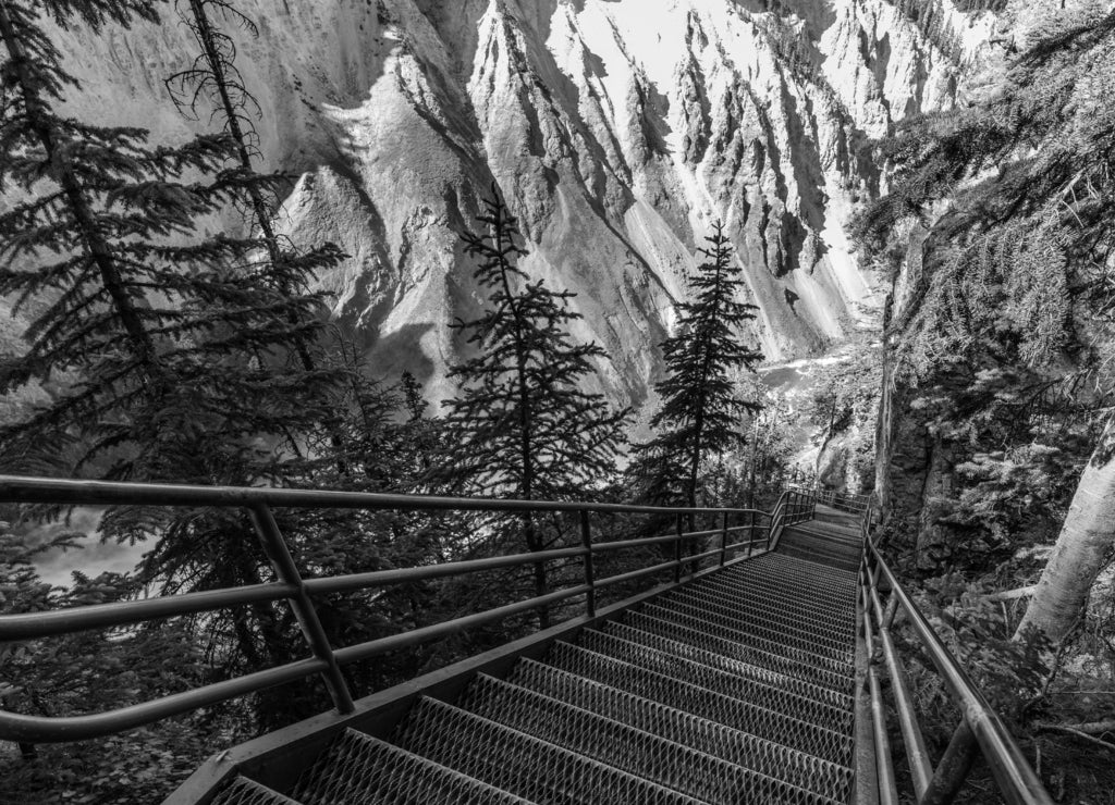 Stormy river flows in a narrow gorge in the rocks. Steps down to the bottom of the gorge. Uncle Toms Trail on The Grand Canyon of the Yellowstone National Park, Wyoming in black white