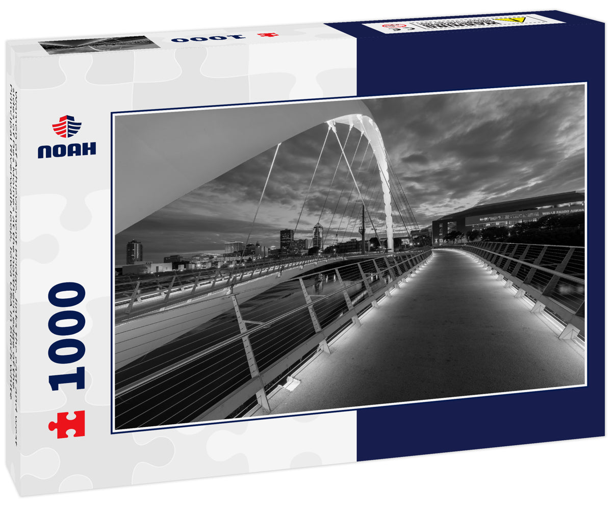 Women of Achievement Bridge, links the east and west sides of Des Moines at the northern edge of the Principal Riverwalk loop, Iowa USA in black white