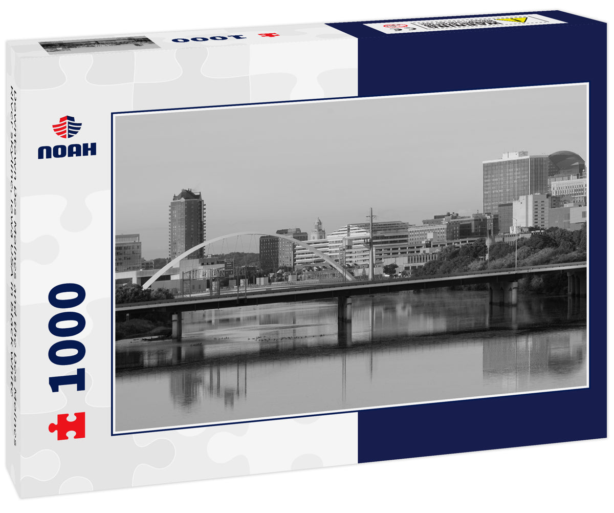 Downtown Des Moines and the Des Moines River skyline, Iowa USA in black white
