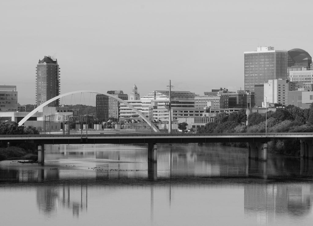 Downtown Des Moines and the Des Moines River skyline, Iowa USA in black white