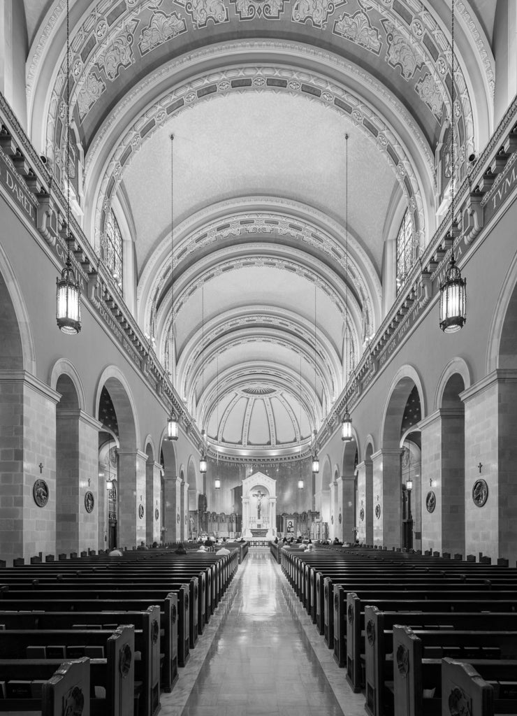 Interior of the St. Cecilia Cathedral in Omaha, Nebraska in black white